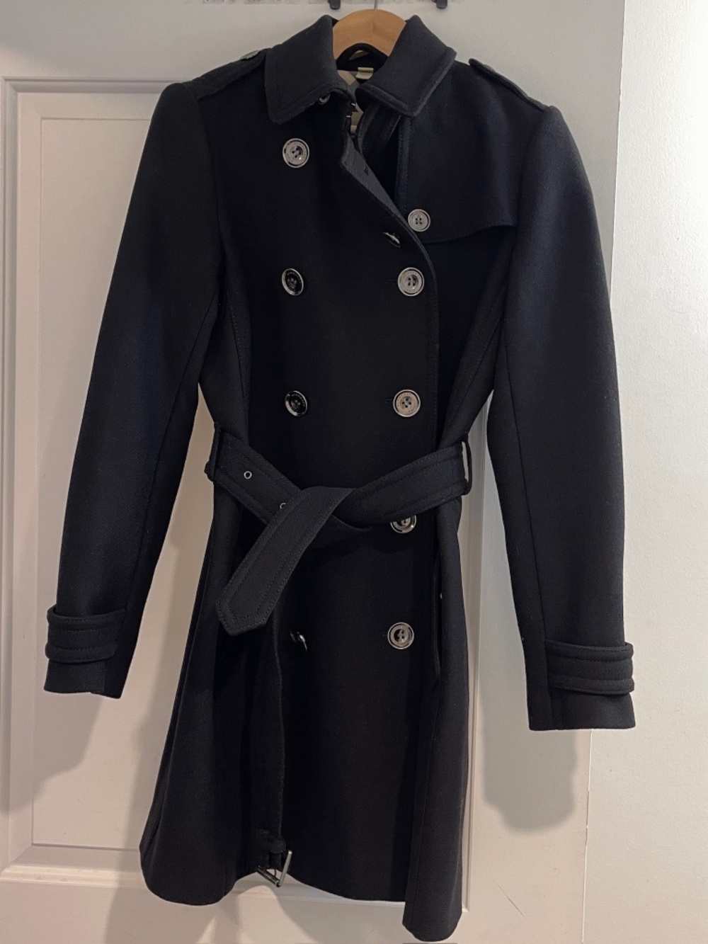 Burberry Brit Black Wool Cashmere Double Breasted Belted Trench Coat Women size6